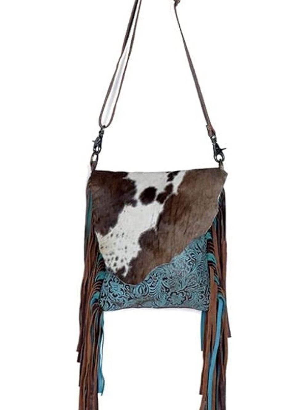 Fringed Tooled Leather Crossbody Bag with Hair-On Hide Flap - White & Brown - Picture 4 of 6